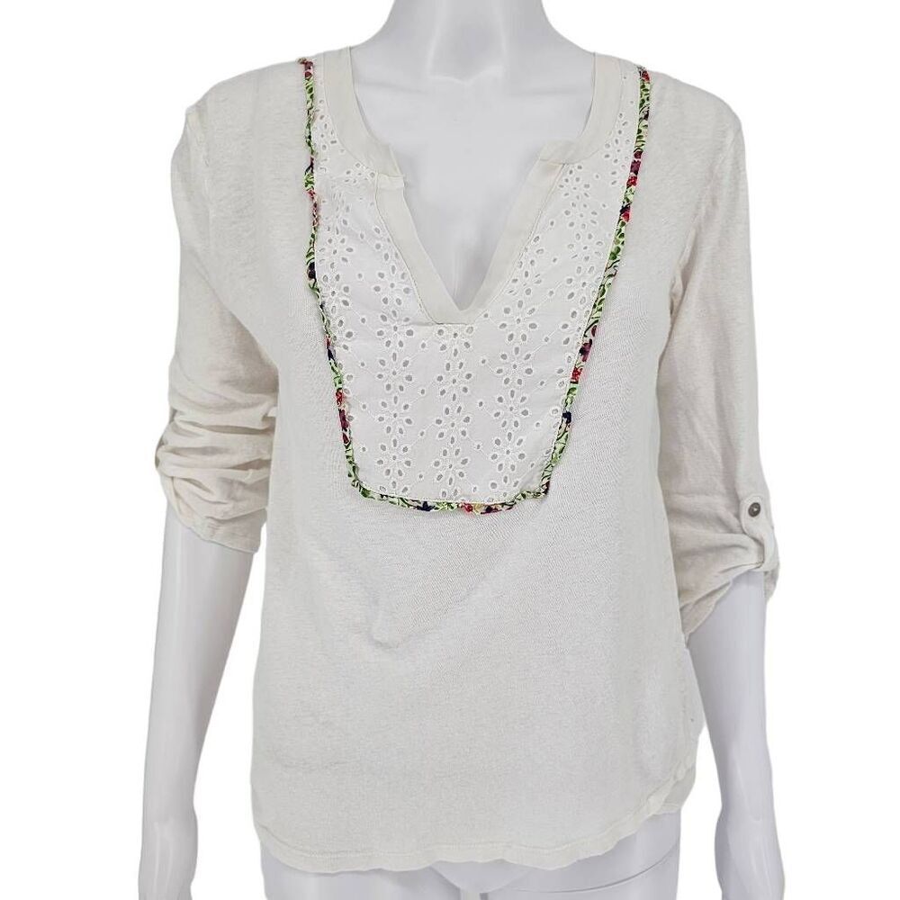 Anthropologie Meadow Rue Floral Linen White Top M